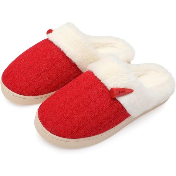 Women's Red Scuff Fur Lining Memory Warm Foam Plush Rubber Slippers Shoes - Picture 9 of 9